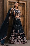 Shop_Label Deepshika Agarwal_Blue Couture Linen Silk Embroidery Dainty Bloom Round Neck Lehenga Set _Online_at_Aza_Fashions