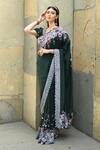 Shop_Label Deepshika Agarwal_Green Couture Silk Satin Embroidery Meadow Bloom V Neck Saree With Blouse _at_Aza_Fashions