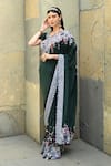 Buy_Label Deepshika Agarwal_Green Couture Silk Satin Embroidery Meadow Bloom V Neck Saree With Blouse _Online_at_Aza_Fashions