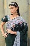 Shop_Label Deepshika Agarwal_Green Couture Silk Satin Embroidery Meadow Bloom V Neck Saree With Blouse _Online_at_Aza_Fashions