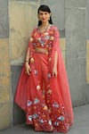 Label Deepshika Agarwal_Peach Couture Silk Satin Embroidery Phool Sweetheart Neck Cape Palazzo Set_at_Aza_Fashions