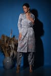 Shop_Label Deepshika Agarwal_Grey Silk Emboidered Thread Lapel Collar Trench Coat Kurta And Pant Set_at_Aza_Fashions