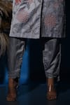 Label Deepshika Agarwal_Grey Silk Emboidered Thread Lapel Collar Trench Coat Kurta And Pant Set_at_Aza_Fashions
