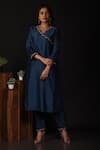Shop_Label Deepshika Agarwal_Blue Satin Silk Emboidered Thread V-neck Leaf Kurta With Pant_at_Aza_Fashions