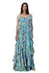 Prints by Radhika_Blue Rainbow Lurex Print Floral Vine Round Ruffle Dress _Online_at_Aza_Fashions