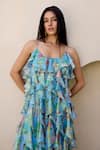 Shop_Prints by Radhika_Blue Rainbow Lurex Print Floral Vine Round Ruffle Dress _Online_at_Aza_Fashions