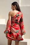 Shop_Prints by Radhika_Red Satin Organza Print Foliage One Shoulder Tiered Dress _at_Aza_Fashions