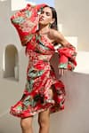 Prints by Radhika_Red Satin Organza Print Foliage One Shoulder Tiered Dress _at_Aza_Fashions