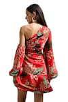 Shop_Prints by Radhika_Red Satin Organza Print Foliage One Shoulder Tiered Dress 