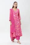 Buy_Samyukta Singhania_Pink Pure Muslin Printed Botanical V Neck Kurta Set _at_Aza_Fashions