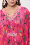 Samyukta Singhania_Pink Natural Crepe Printed Botanical V Neck Kaftan And Palazzo Set _Online_at_Aza_Fashions