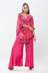 Shop_Samyukta Singhania_Pink Natural Crepe Printed Botanical V Neck Kaftan And Palazzo Set _Online_at_Aza_Fashions