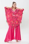 Samyukta Singhania_Pink Natural Crepe Printed Botanical V Neck Kaftan And Palazzo Set _at_Aza_Fashions