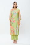 Samyukta Singhania_Green Pure Muslin Printed Floral Vine Round Neck Kurta Pant Set _Online_at_Aza_Fashions