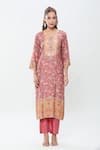 Samyukta Singhania_Wine Pure Muslin Printed Florette Round Neck Kurta Set _Online_at_Aza_Fashions