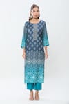 Samyukta Singhania_Blue Pure Muslin Printed Bandhani Round Neck Kurta Set _Online_at_Aza_Fashions