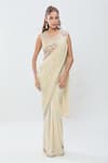 Samyukta Singhania_Cream Shimmer Georgette Embroidery Placement Pre-draped Saree With Blouse _Online_at_Aza_Fashions