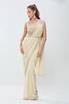 Buy_Samyukta Singhania_Cream Shimmer Georgette Embroidery Placement Pre-draped Saree With Blouse _Online_at_Aza_Fashions