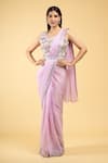 Buy_Samyukta Singhania_Purple Shimmer Georgette Embroidery Sequin Pre-draped Saree With Floral Blouse _at_Aza_Fashions