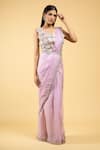 Samyukta Singhania_Purple Shimmer Georgette Embroidery Sequin Pre-draped Saree With Floral Blouse _at_Aza_Fashions