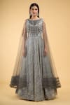 Samyukta Singhania_Grey Net Embroidery Crystal Boat Neck Stripe Gown _Online_at_Aza_Fashions