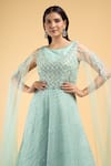 Samyukta Singhania_Blue Net Embroidery Crystal Boat Neck Gown _at_Aza_Fashions