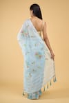 Shop_Samyukta Singhania_Blue Linen Blend Hand Painted Flower Saree With Running Blouse _at_Aza_Fashions