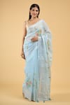 Samyukta Singhania_Blue Linen Blend Hand Painted Flower Saree With Running Blouse _Online_at_Aza_Fashions