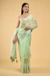 Shop_Samyukta Singhania_Green Linen Blend Hand Painted Bloom Saree With Running Blouse _Online_at_Aza_Fashions