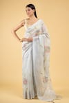 Samyukta Singhania_Grey Linen Blend Hand Painted Bloom Garden Saree With Running Blouse _Online_at_Aza_Fashions