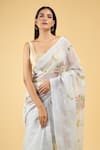 Shop_Samyukta Singhania_Grey Linen Blend Hand Painted Bloom Garden Saree With Running Blouse _Online_at_Aza_Fashions