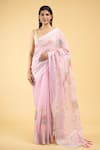 Buy_Samyukta Singhania_Pink Linen Blend Hand Painted Bloom Tassel Bordered Saree With Running Blouse _at_Aza_Fashions