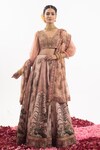 Buy_Samant Chauhan_Peach Cotton Silk Print Floral V Neck Grazing Peacock Bridal Lehenga Set _at_Aza_Fashions