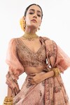 Samant Chauhan_Peach Cotton Silk Print Floral V Neck Grazing Peacock Bridal Lehenga Set_Online_at_Aza_Fashions