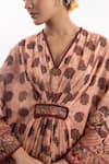 Samant Chauhan_Peach Cotton Silk Print Floral Blossom V Neck Kaftan_at_Aza_Fashions