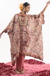 Samant Chauhan_Peach Cotton Silk Print Floral Blossom Cowl Neck Kaftan With Pant_Online_at_Aza_Fashions