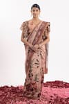 Buy_Samant Chauhan_Peach Cotton Silk Print Floral Blossom V Neck Saree With Blouse _at_Aza_Fashions