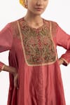 Buy_Samant Chauhan_Peach Cotton Silk Embroidery Floral Round Neck Yoke Kalidar Tunic_Online_at_Aza_Fashions