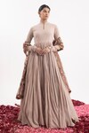 Buy_Samant Chauhan_Beige Cotton Silk Printed Dupatta Floral Stand Collar Pleated Anarkali With_at_Aza_Fashions