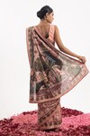 Shop_Samant Chauhan_Peach Cotton Silk Print Grazing Peacock Plunging V Neck Saree With Blouse_at_Aza_Fashions
