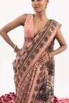 Buy_Samant Chauhan_Peach Cotton Silk Print Grazing Peacock Plunging V Neck Saree With Blouse_Online_at_Aza_Fashions