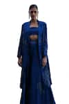 Vidhi Wadhwani_Blue Modal Denim Embroidered Floral Cutwork Lapel Collar Arvy Trench Jacket _Online_at_Aza_Fashions