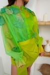 Vidhi Wadhwani_Green Shirt Silk Organza Applique Embroidered Coral Stand Collar And Skirt Set _Online_at_Aza_Fashions