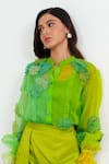 Buy_Vidhi Wadhwani_Green Silk Organza Applique Embroidered Coral Stand Collar Shirt _at_Aza_Fashions