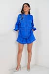 Buy_Vidhi Wadhwani_Blue Twill Cotton Applique Embroidered Coral Dora Cropped Jacket And Shorts Set _at_Aza_Fashions