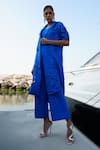 Buy_Vidhi Wadhwani_Blue Twill Cotton Embroidered Thread Lapel Collar Zoya Cutwork Jacket Pant Set _at_Aza_Fashions