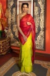 Buy_Zal From Benaras_Green Pure Chanderi Silk Colorblocked Saree With Unstitched Blouse Piece_at_Aza_Fashions