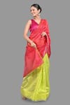 Shop_Zal From Benaras_Green Pure Chanderi Silk Colorblocked Saree With Unstitched Blouse Piece_Online_at_Aza_Fashions