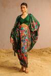 Aditi Gupta_Green Georgette Satin Printed Abstract Motifs Cape Open Neck Harem Pant Set _Online_at_Aza_Fashions