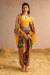 Buy_Aditi Gupta_Yellow Georgette Satin Printed Abstract Motifs Cape Open Neck Harem Pant Set _at_Aza_Fashions
